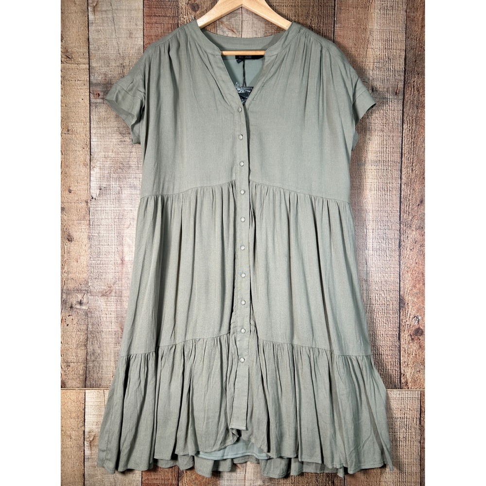 Mikarose Light Olive Rayon Jori Dress Tiered Babydoll Modest Short Sleeve Large